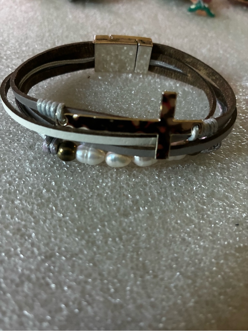 Multi-Strand Brown & White Leather Cross Bracelet with Pearls